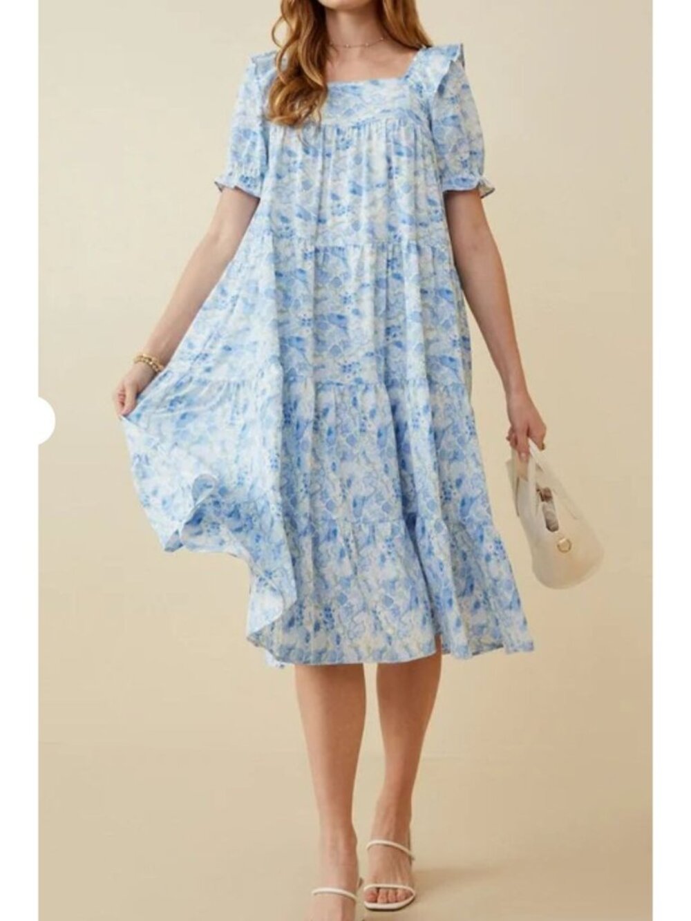 Hayden Blue Floral Dress Midi Ruffle Puffy Balloon Sleeve Watercolor Pocket 2XL - Picture 2 of 13